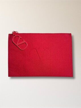New VALENTINO V‎ Logo Red Zipper Cosmetic Pouch Bag Makeup Cotton Resort Travel